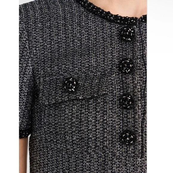 Self Portrait NEW Metallic Boucle Rhinestone Button Pleated Hem Mini Dress US 12 - Picture 5 of 14